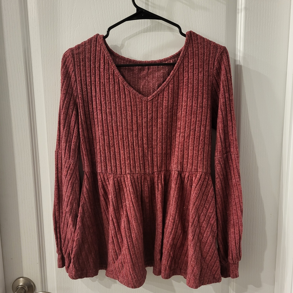 Women's Ribbed V-Neck Peplum Top - Pink